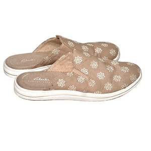 Clarks Women's Breeze Shore Taupe Flower Embroidery Size 7M Mule Shoes Slip On